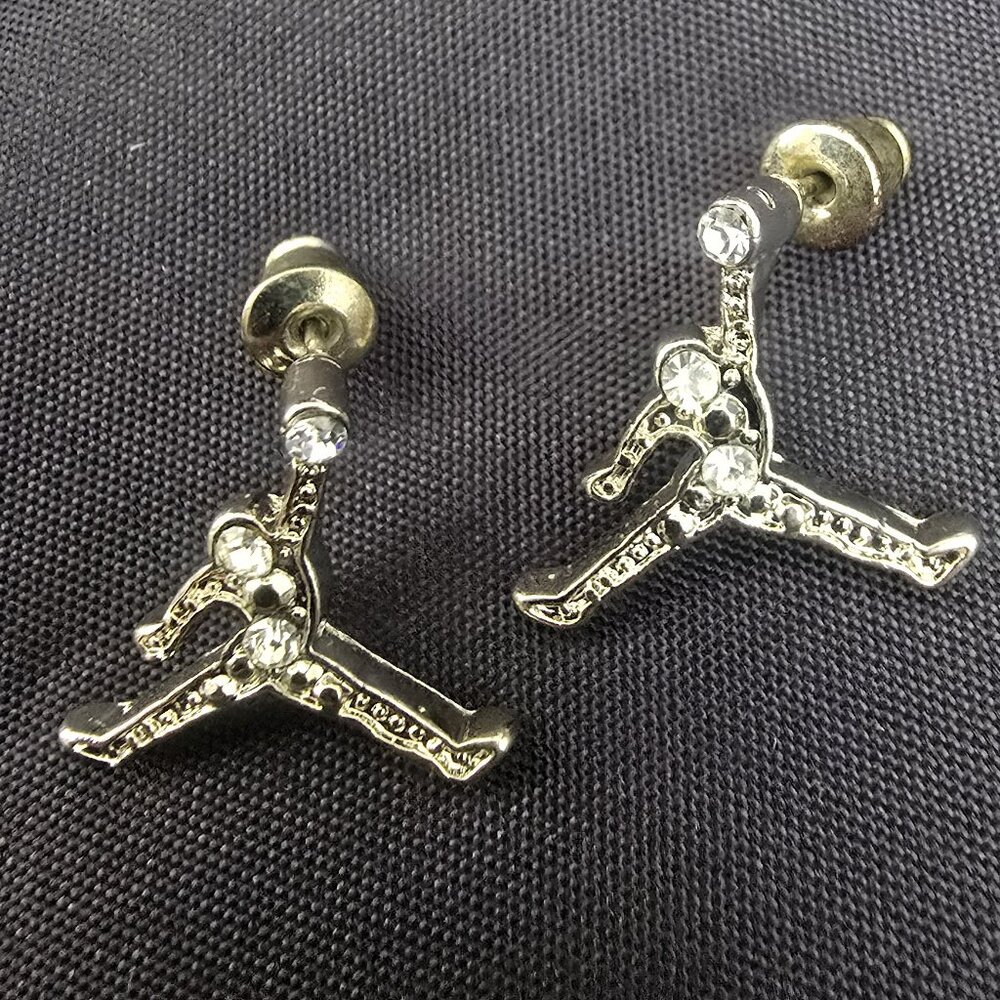 Basketball Player Dunking Rhinestone Dangle Earrings Silver Tone Sports